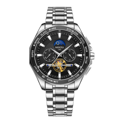 Silver wristwatch with black dial on a white background