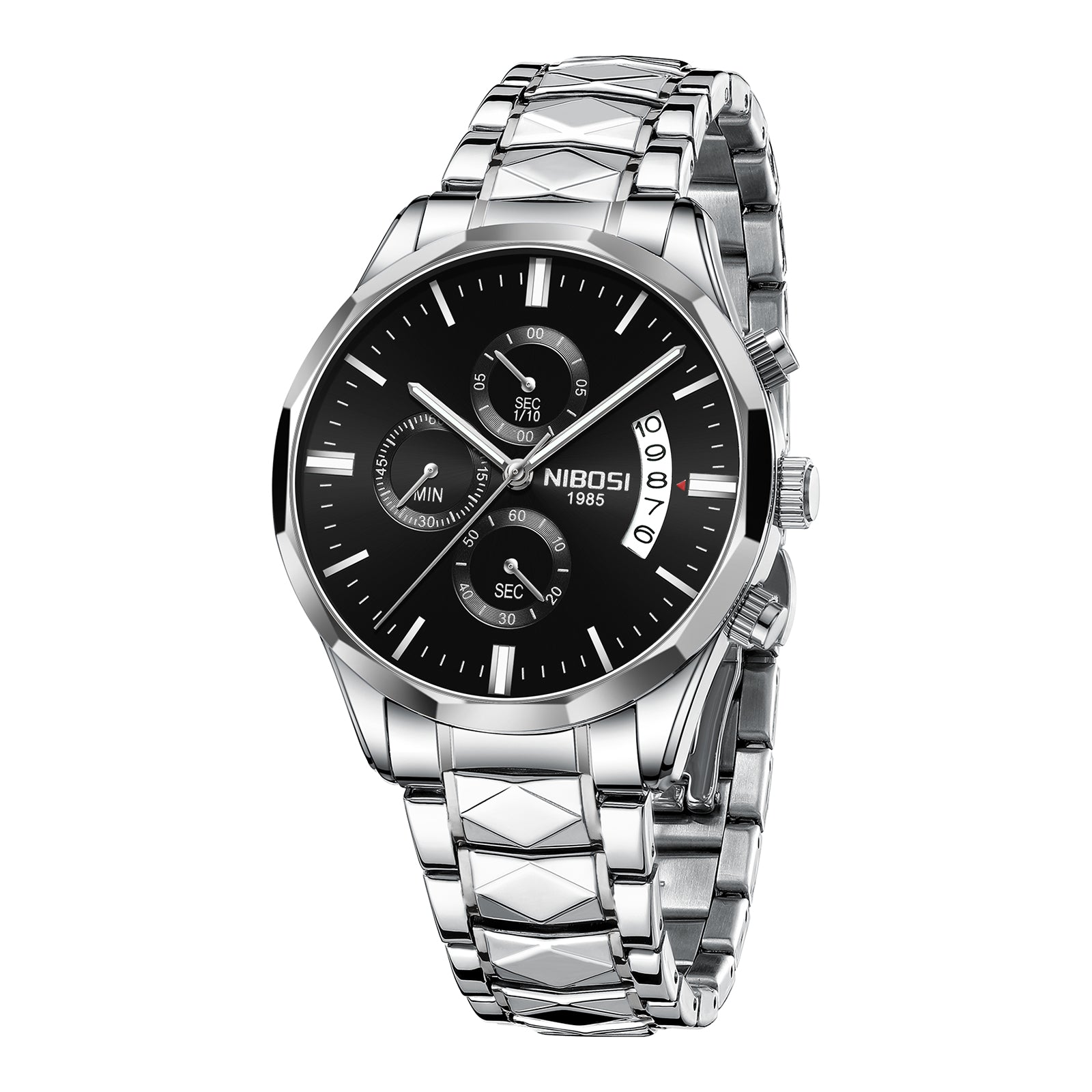 NIBOSI men's analog watch with a silver stainless steel link bracelet, a black dial with multiple subdials, and a date window, shown on a solid white background.