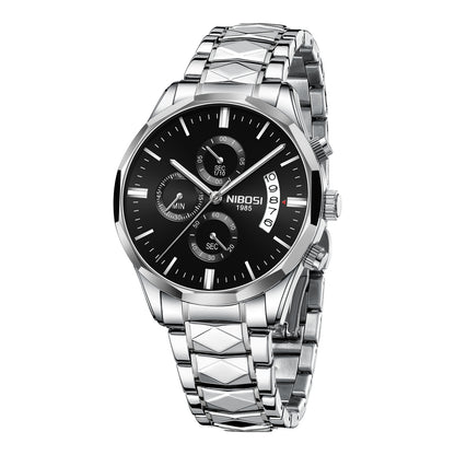 NIBOSI men's analog watch with a silver stainless steel link bracelet, a black dial with multiple subdials, and a date window, shown on a solid white background.