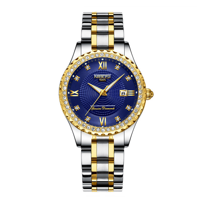 Luxury watch with blue dial and gold accents on a white background