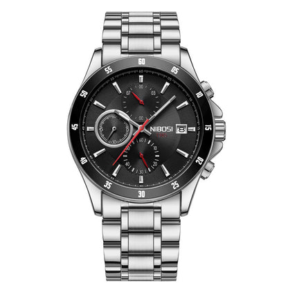 Silver wristwatch with black dial on a white background