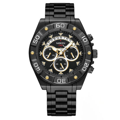 Black and gold watch with brand name on a white background