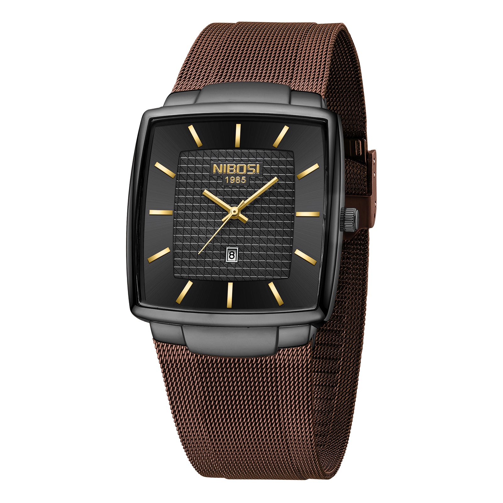 Watch with brown mesh strap and black face on a white background