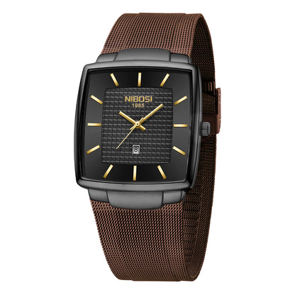 Watch with brown mesh strap and black face on a white background