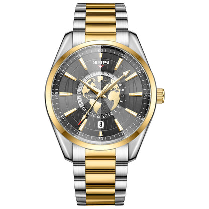 Two-tone silver and gold watch with a detailed face on a white background