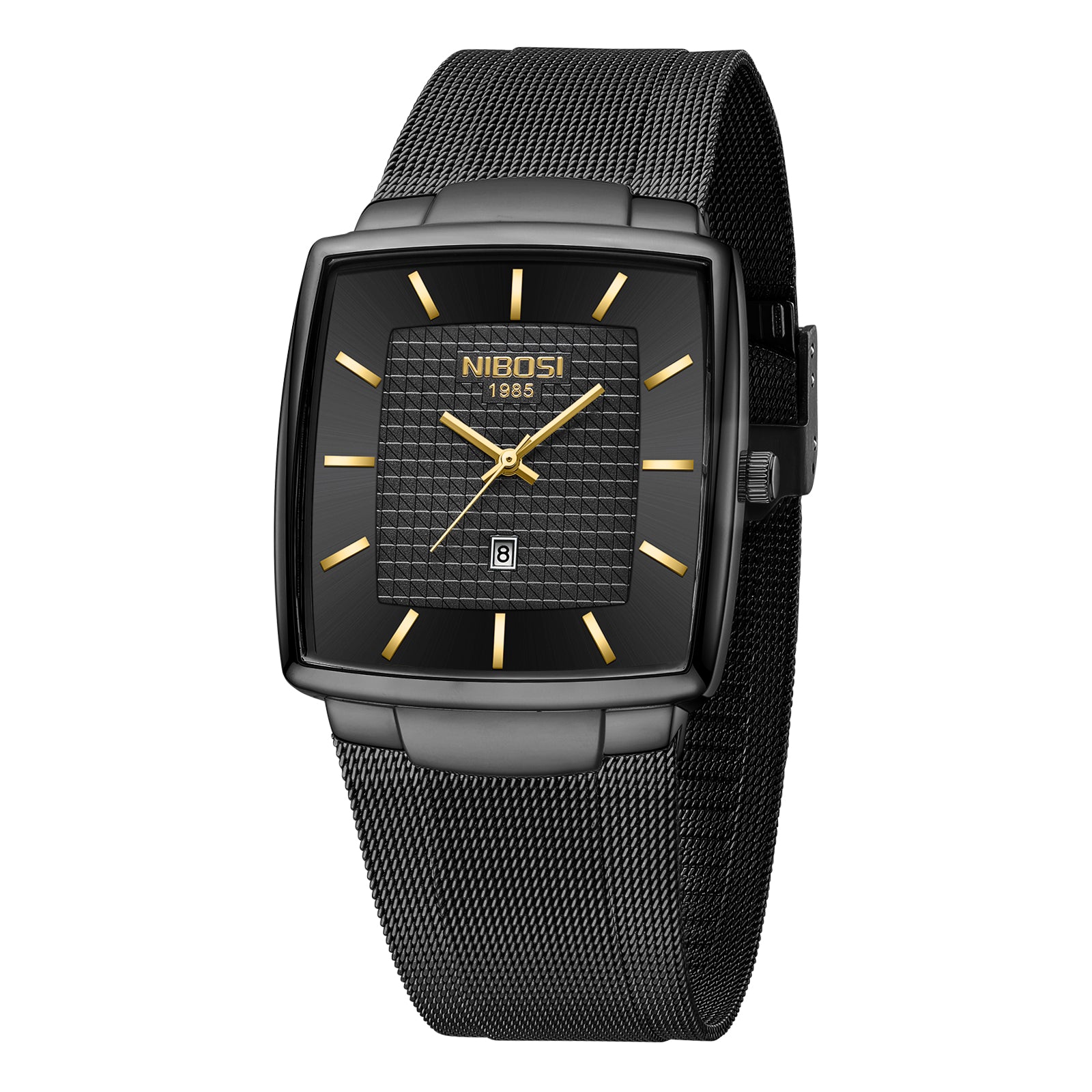 Black watch with mesh band and gold accents on a white background