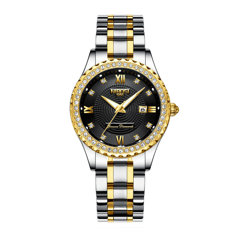 Luxury watch with black dial, gold accents, and two-tone metal strap on a white background