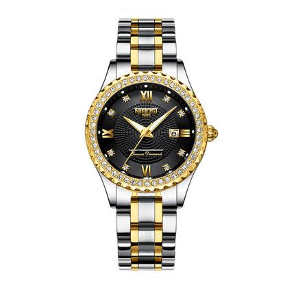 Luxury watch with black dial, gold accents, and two-tone metal strap on a white background