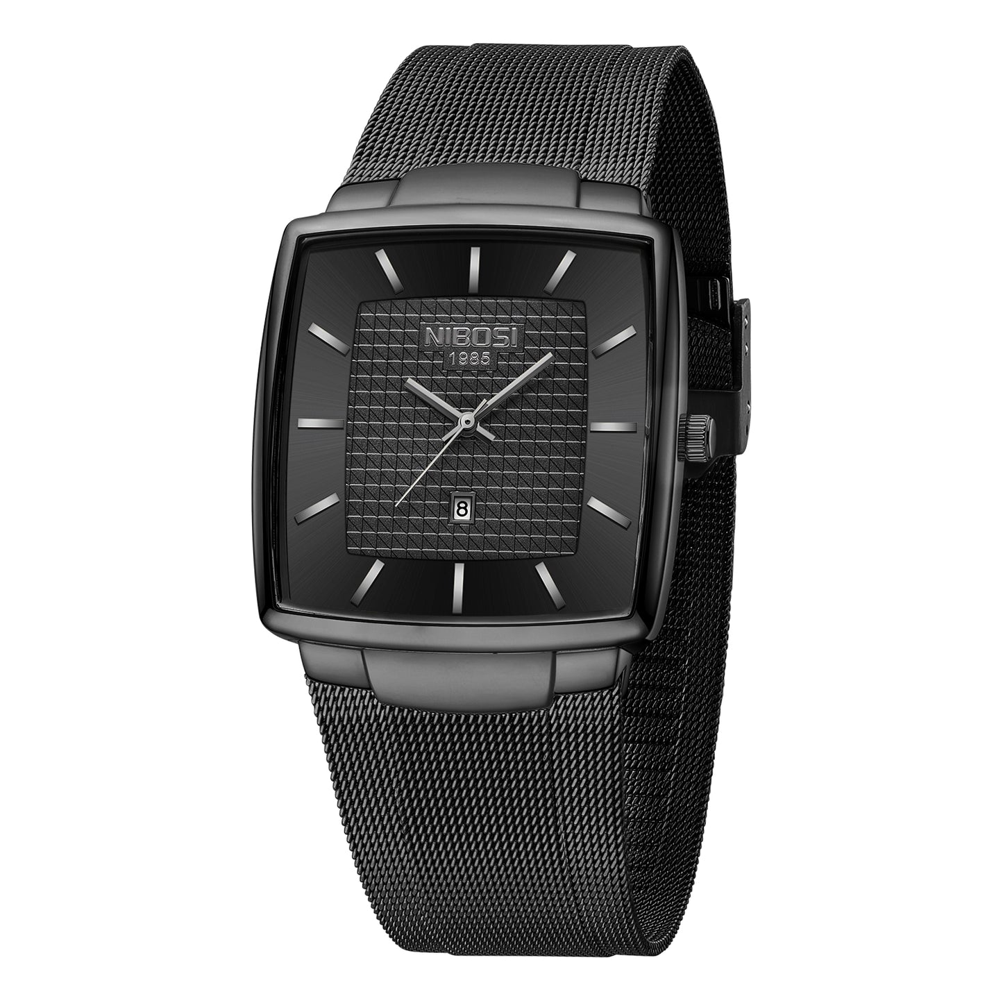 Black watch with mesh strap on a white background