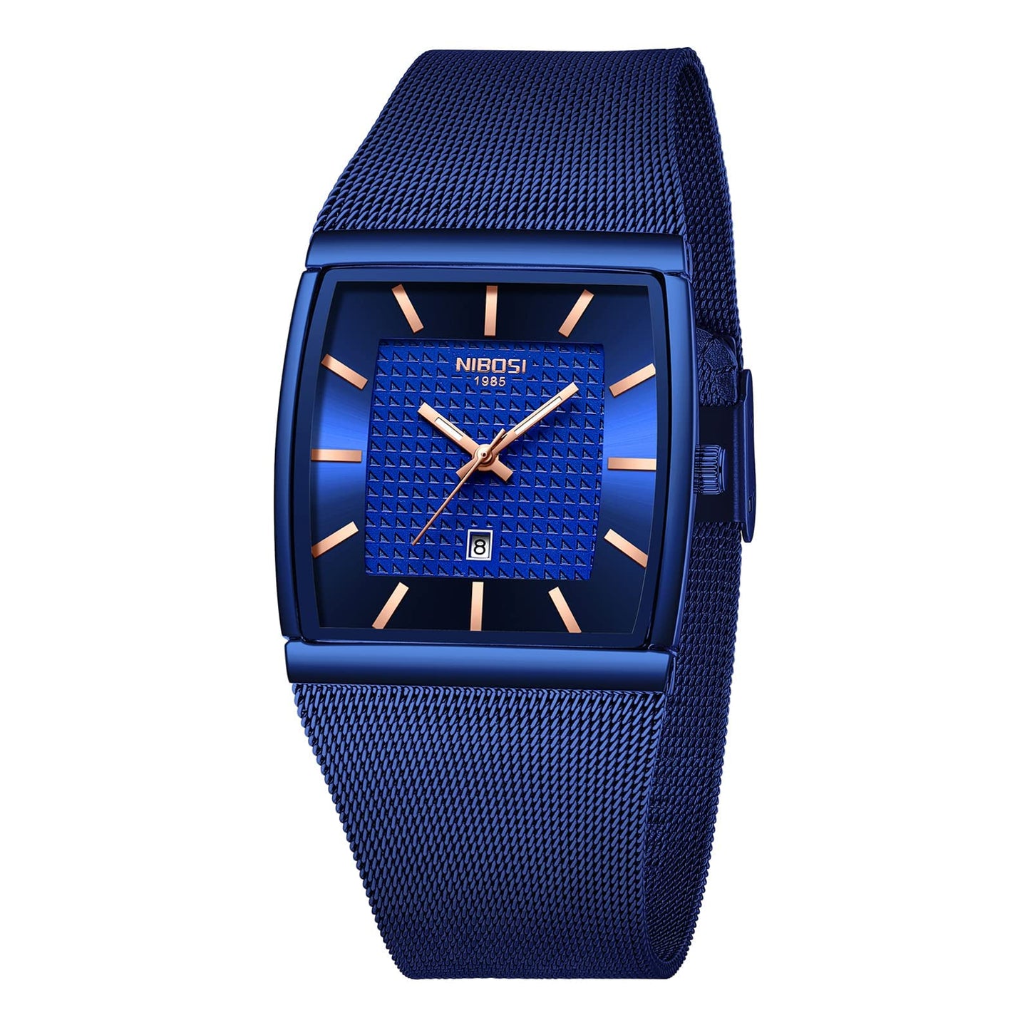 Blue watch with mesh band on a white background