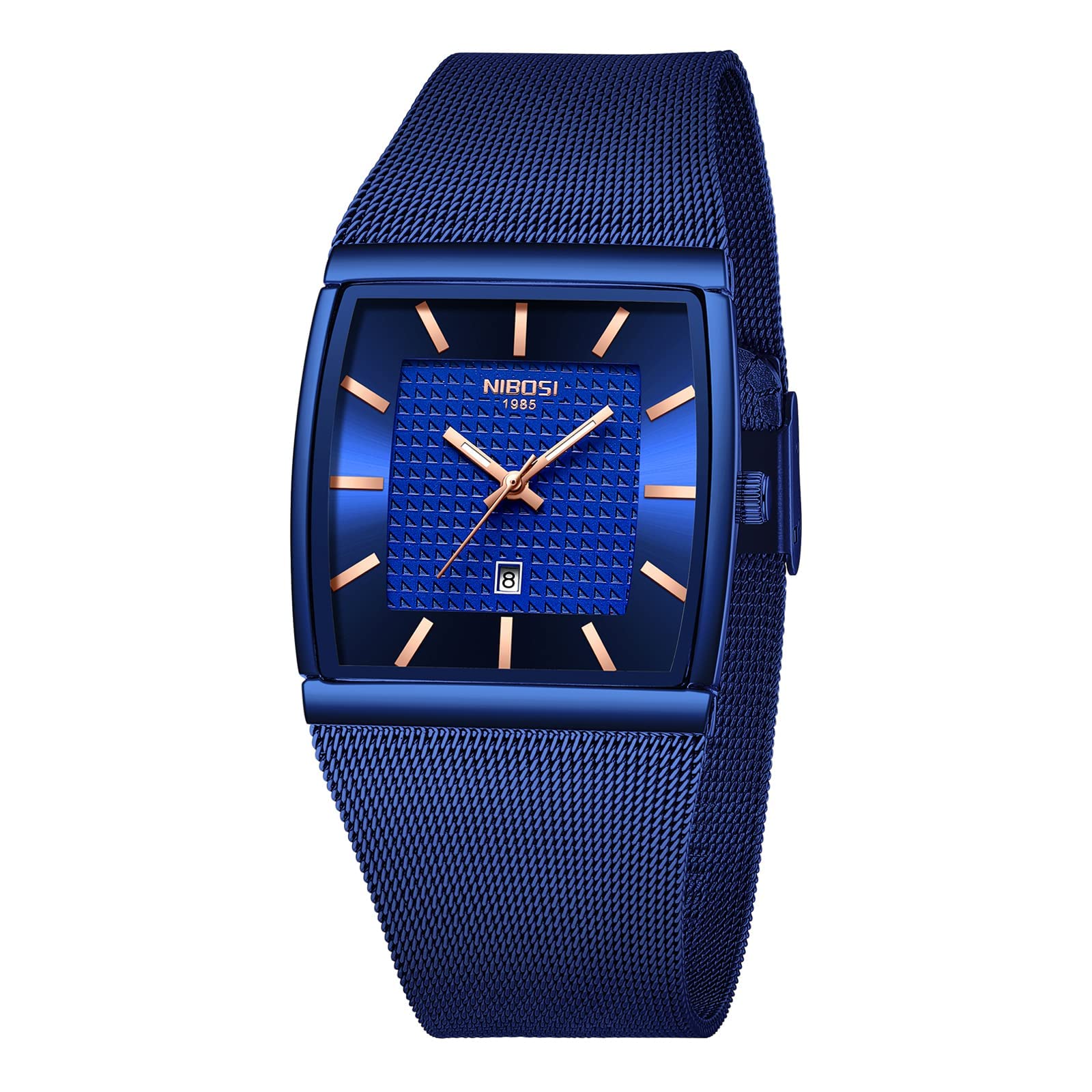 Blue watch with mesh band on a white background