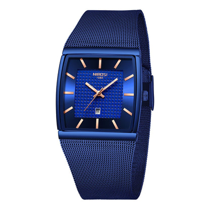Blue watch with mesh band on a white background