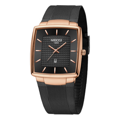 Watch with black mesh strap and rose gold case on a white background