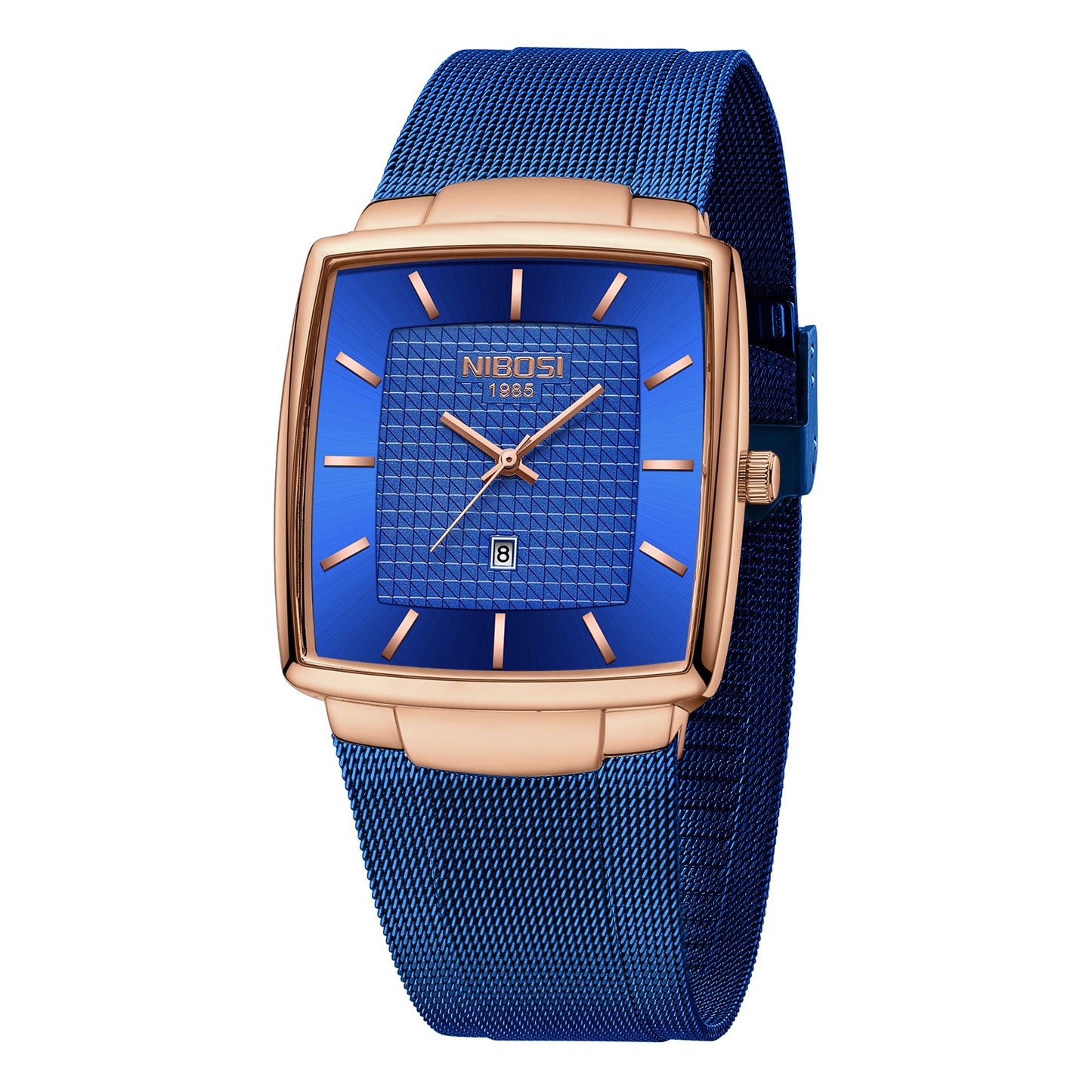 Blue watch with rose gold case and mesh band on a white background