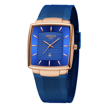 Blue watch with rose gold case and mesh band on a white background
