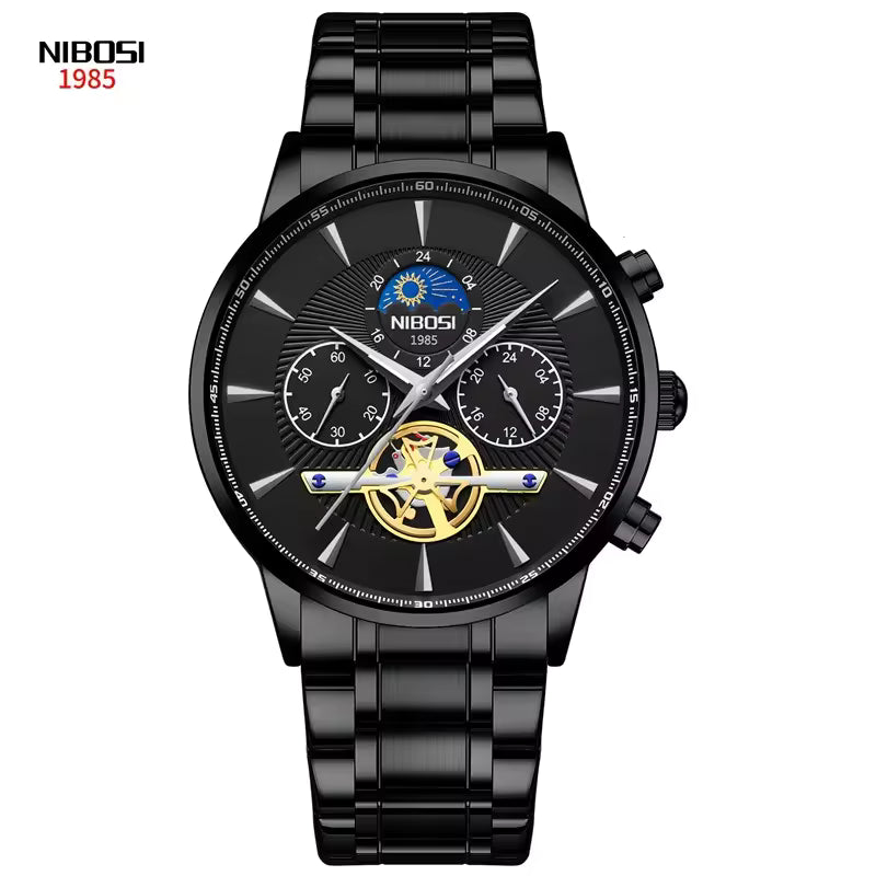 Black NIBOSI watch with detailed face on a white background