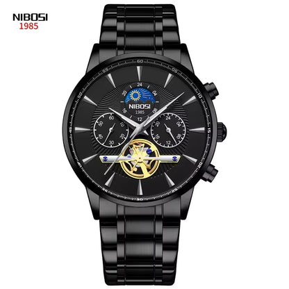 Black NIBOSI watch with detailed face on a white background