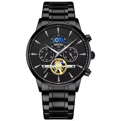 Black wristwatch with detailed face on a white background