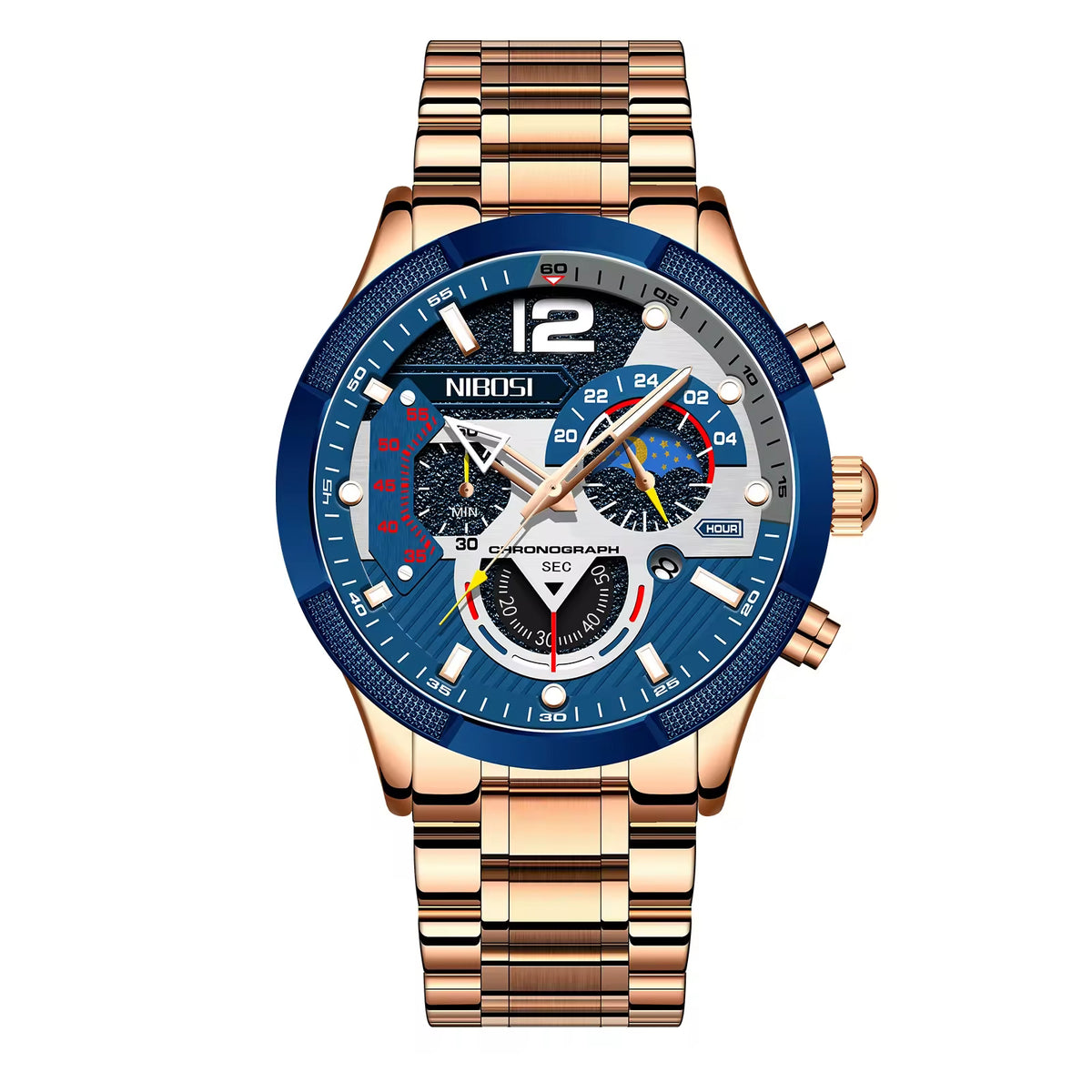 A men's NIBOSI chronograph watch with a rose gold metal case and link bracelet, featuring a blue dial with white, black, and red details.