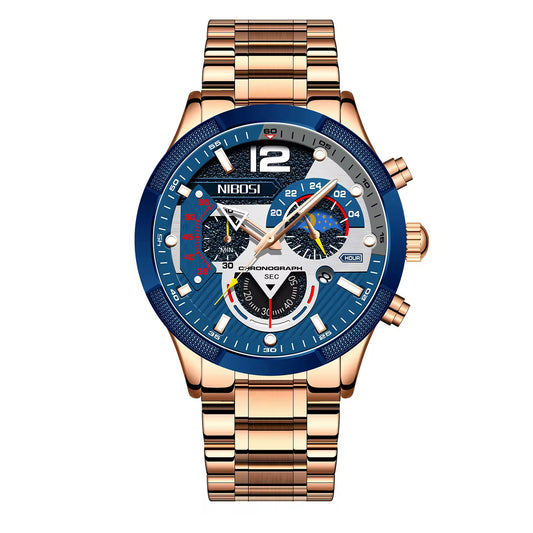 A men's NIBOSI chronograph watch with a rose gold metal case and link bracelet, featuring a blue dial with white, black, and red details.