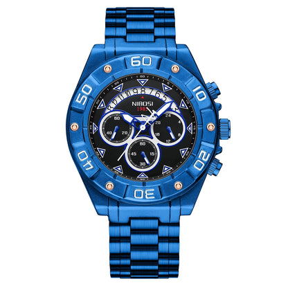 Blue wristwatch with a detailed face on a white background