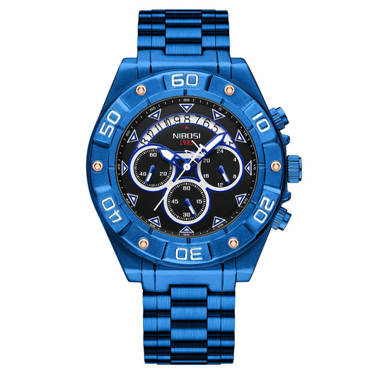 Blue wristwatch with a detailed face on a white background