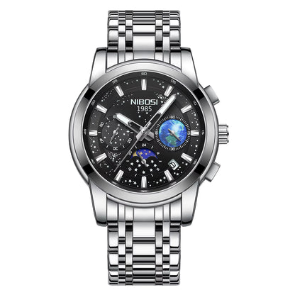 Silver wristwatch with detailed face on a white background, featuring the brand 'NIBOSI'.