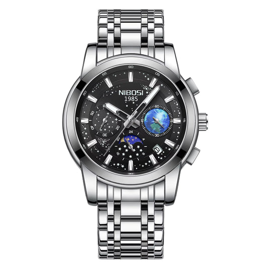Silver wristwatch with detailed face on a white background, featuring the brand 'NIBOSI'.