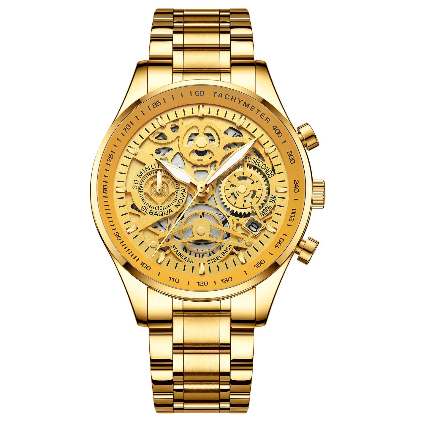 Gold wristwatch with intricate design on a white background