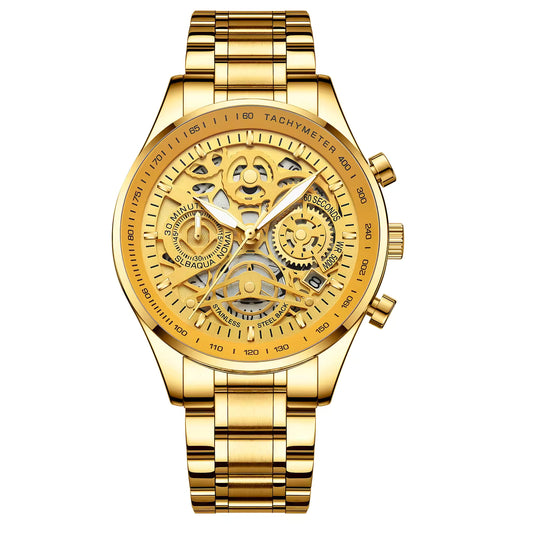 Gold wristwatch with intricate design on a white background