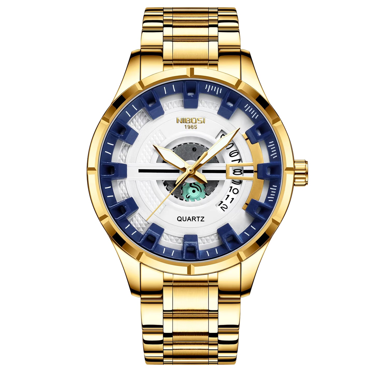 Gold wristwatch with a white face and blue accents on a white background