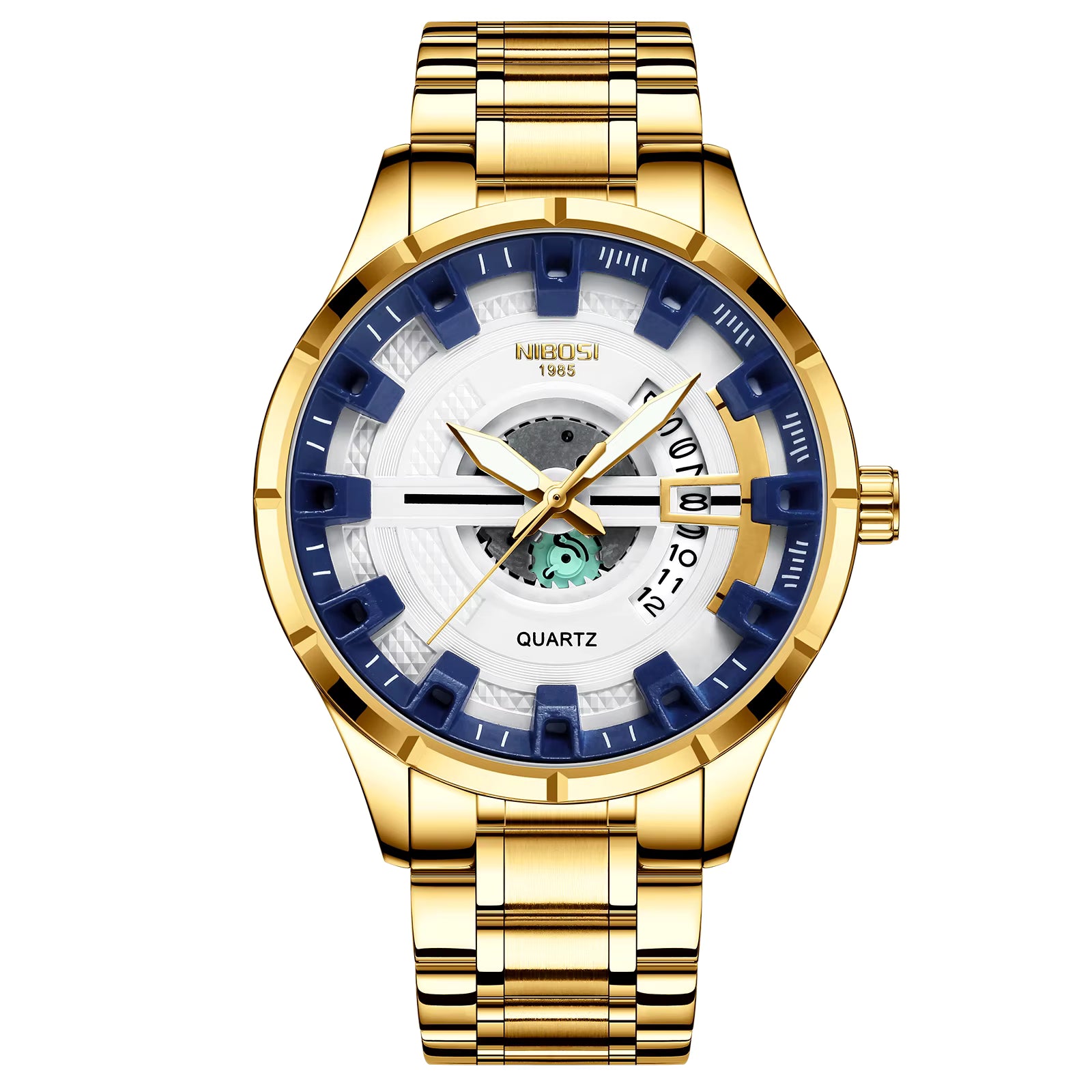 Gold wristwatch with a white face and blue accents on a white background