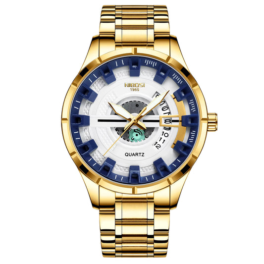 Gold wristwatch with a white face and blue accents on a white background