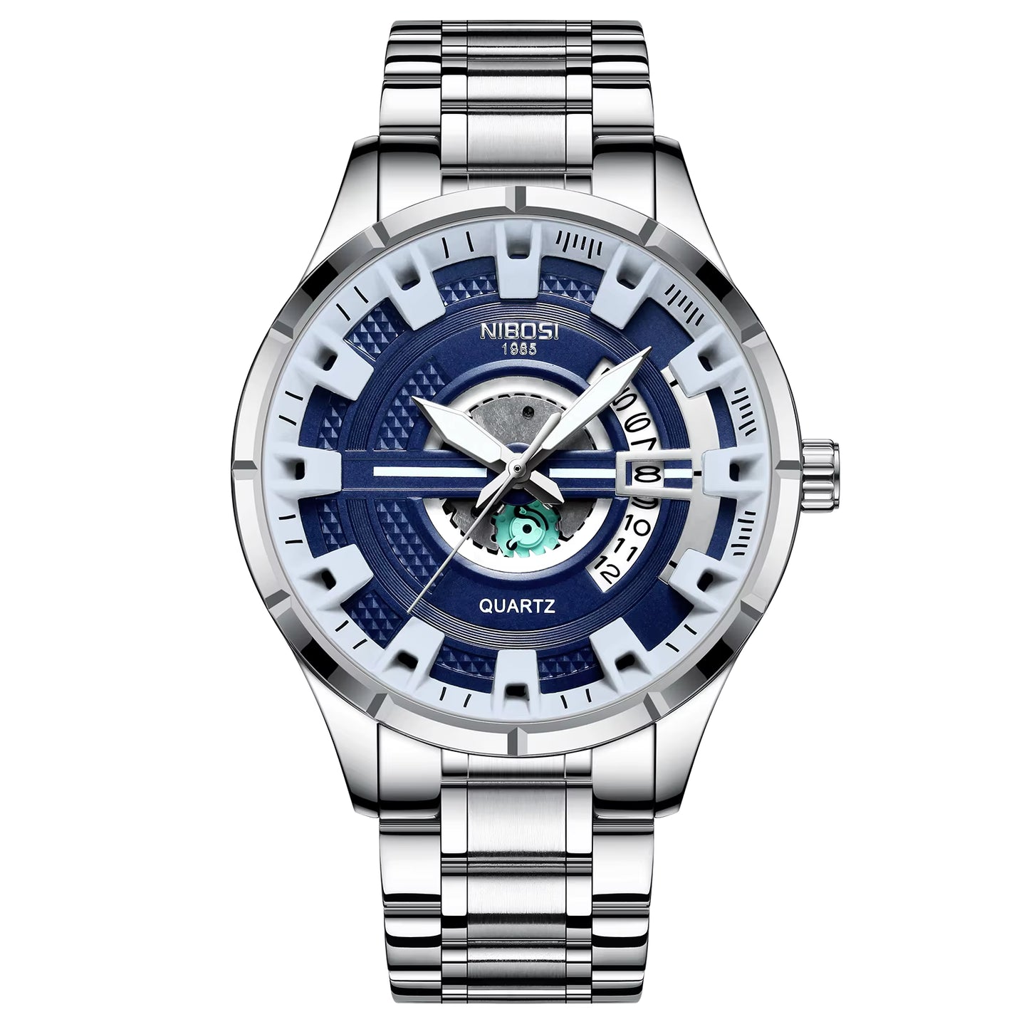 Silver wristwatch with a blue face on a white background