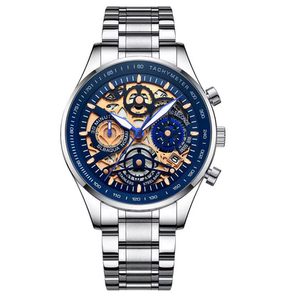 Silver wristwatch with a blue face on a white background
