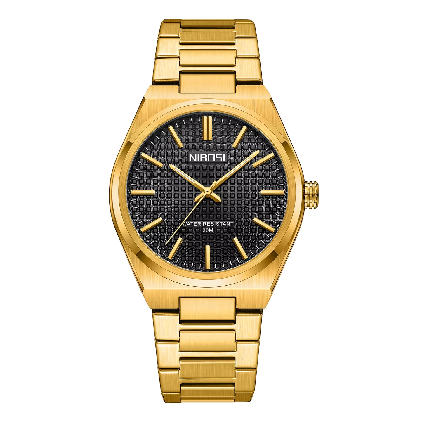 Gold wristwatch with black dial on a white background