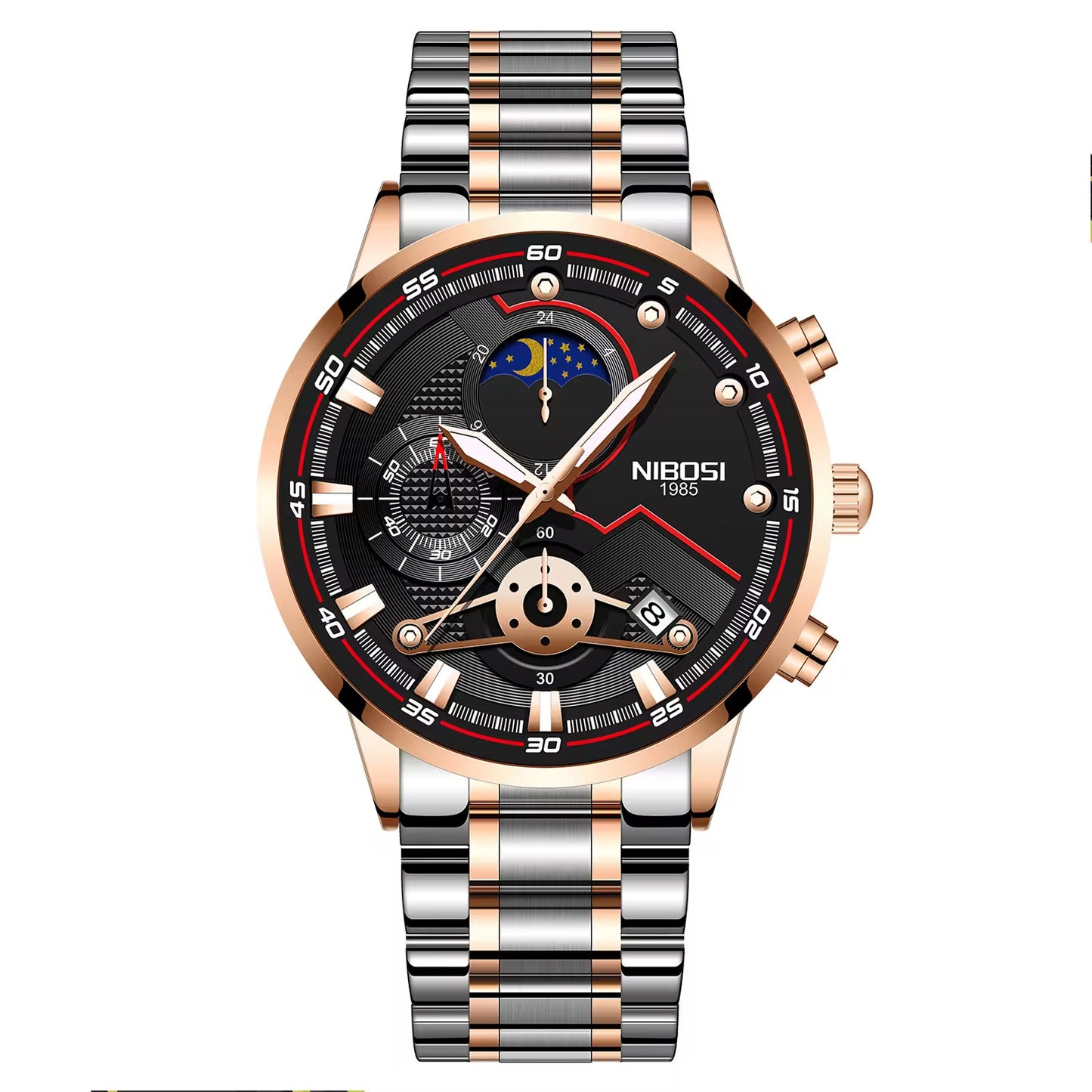 Luxury watch with a detailed face and rose gold and silver band on a white background