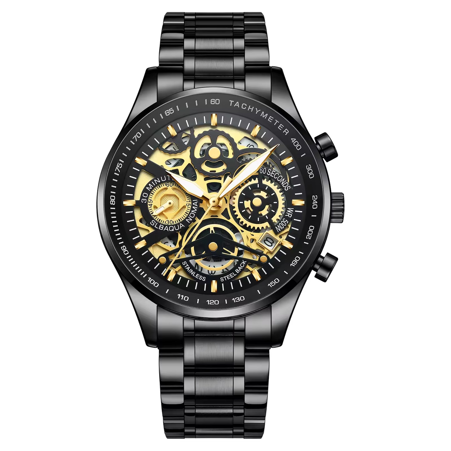 Black and gold mechanical watch on a white background