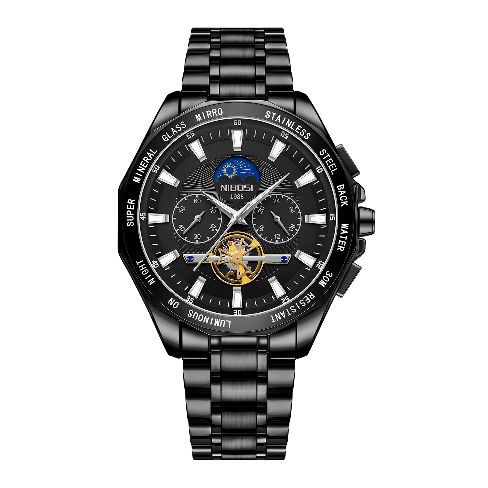 Black wristwatch with detailed face on a white background
