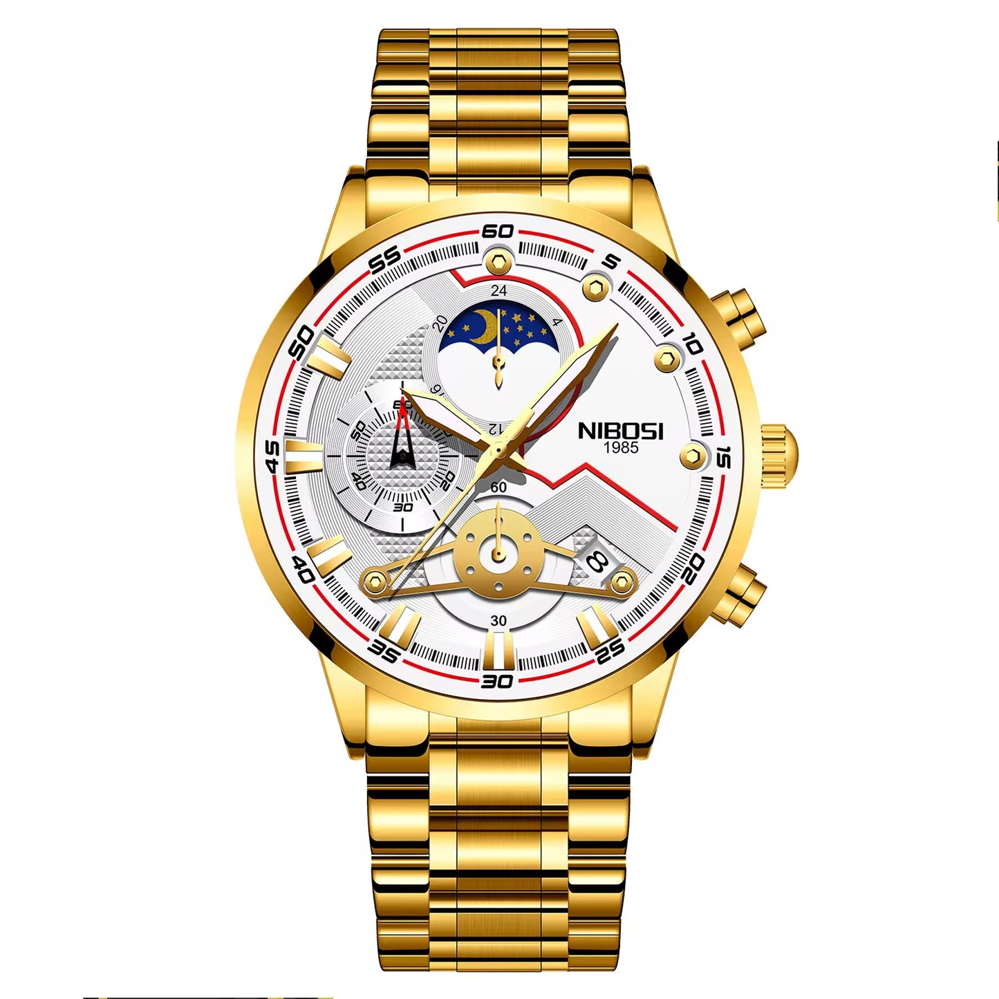Gold wristwatch with detailed face on a white background