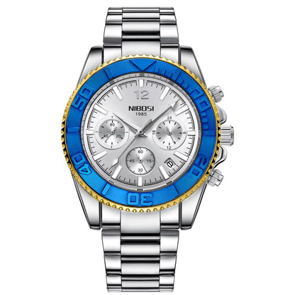 Silver and blue watch with NIBOSI branding on a white background