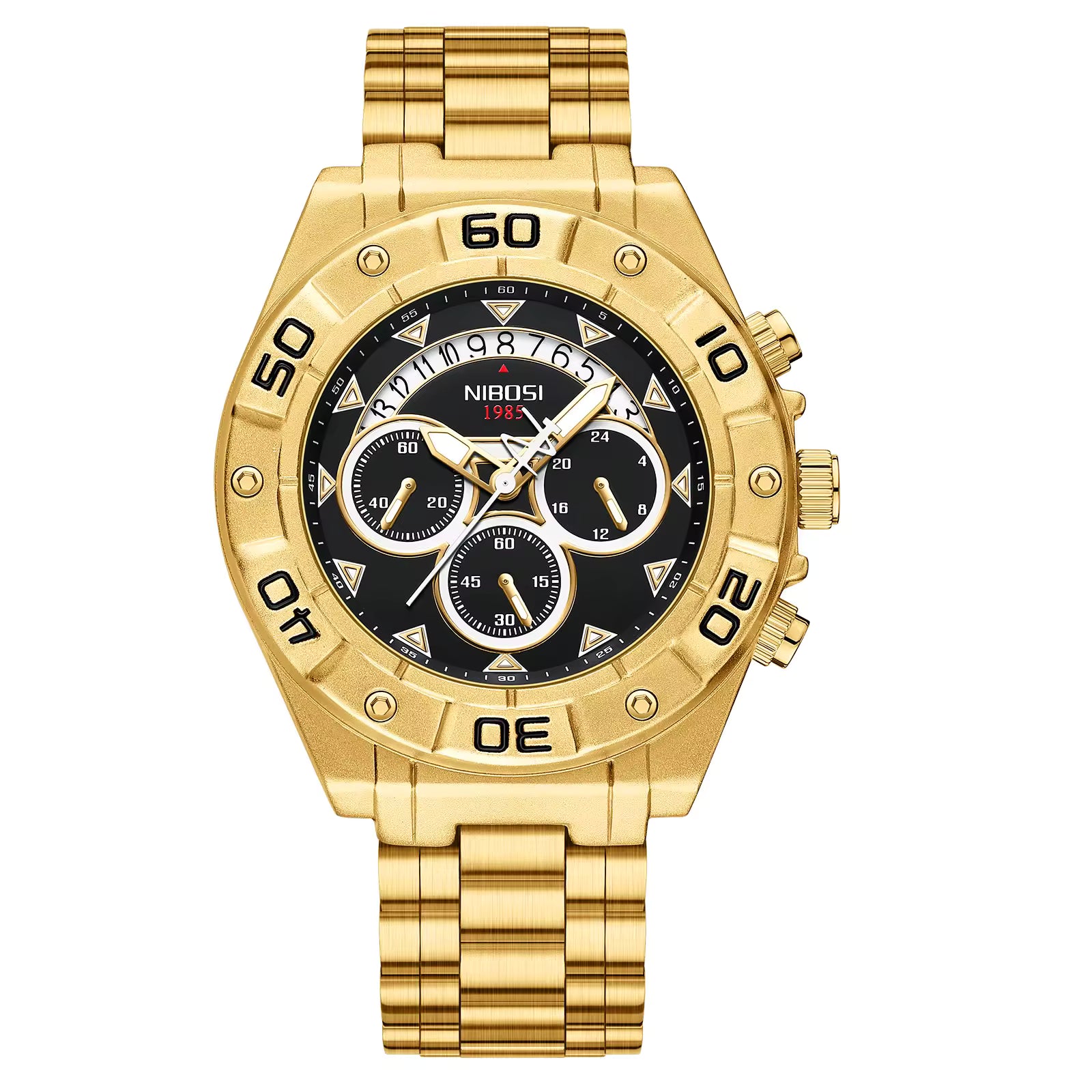 Gold wristwatch with a black dial on a white background