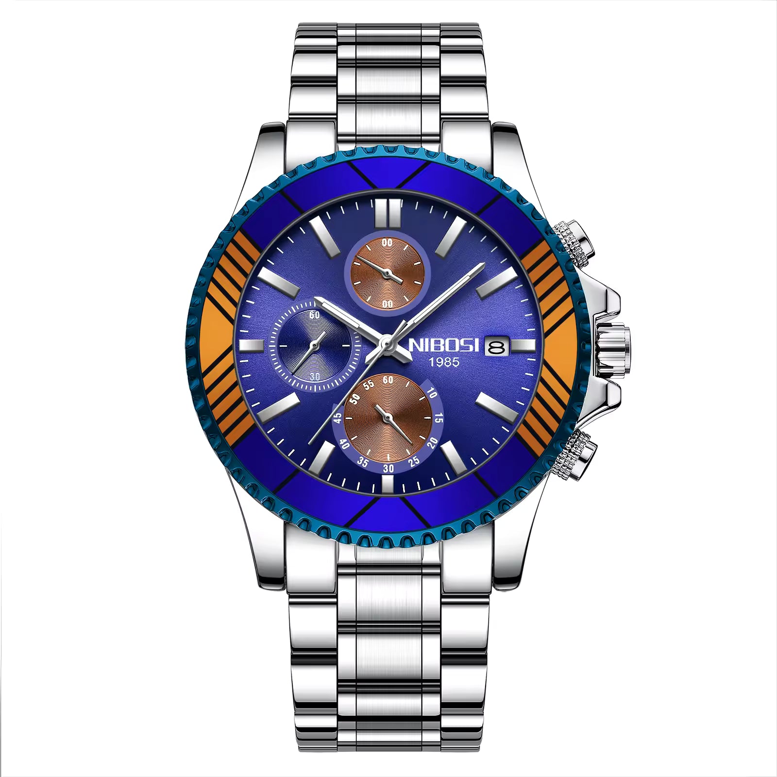 Silver watch with a blue face and orange accents on a white background