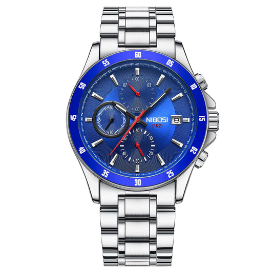 Silver watch with a blue face on a white background