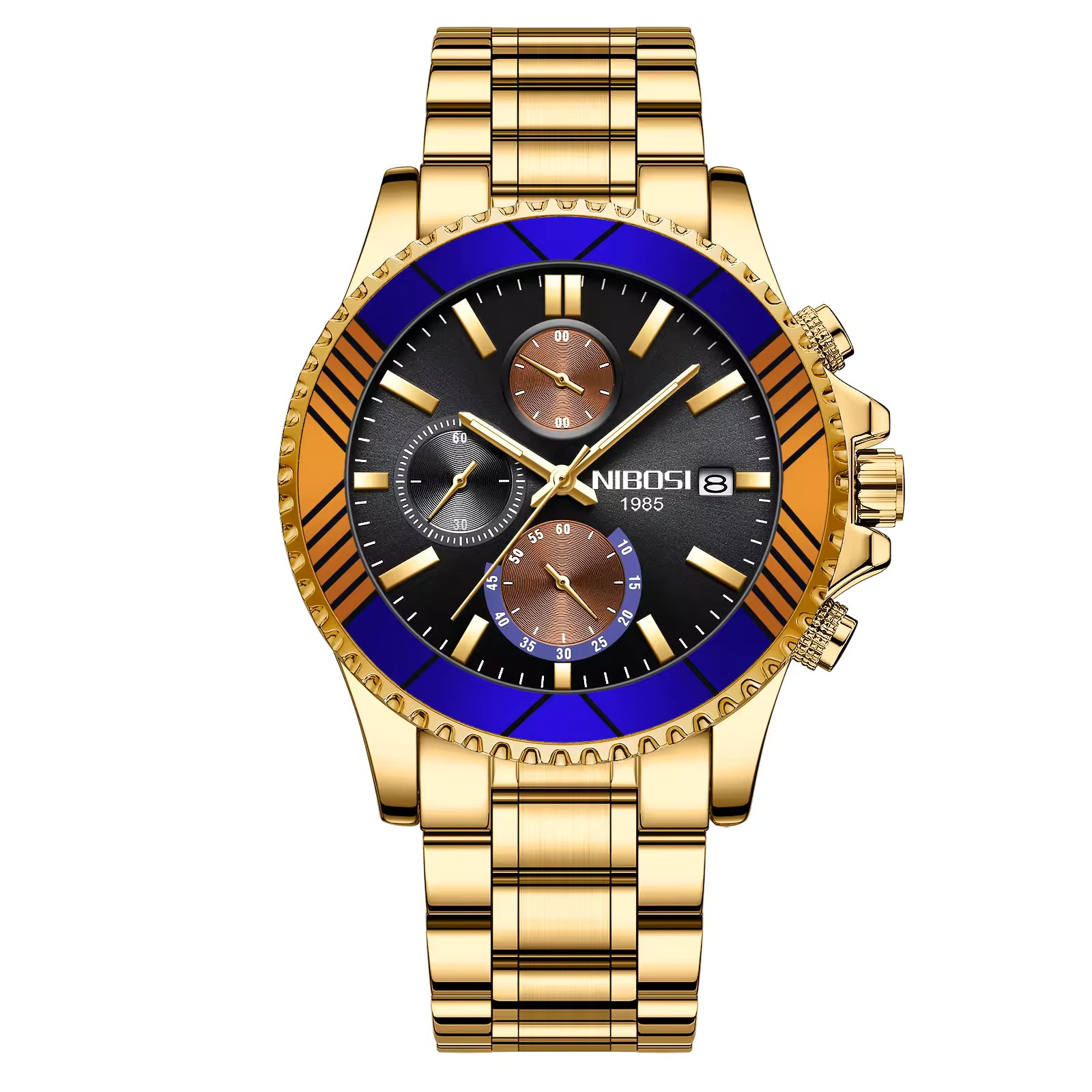 Gold and blue watch with 'NIBOSI' branding on a white background
