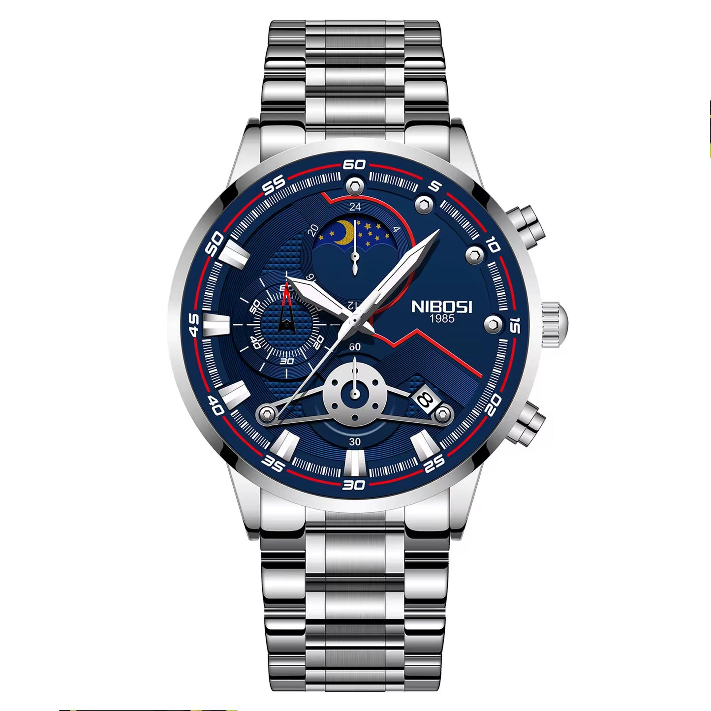 Silver watch with a blue face on a white background