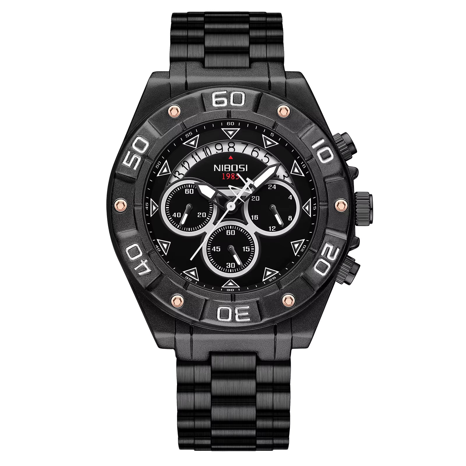 Black wristwatch with detailed face on a white background