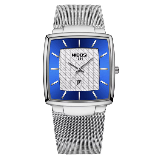 Silver watch with blue face and mesh band on a white background