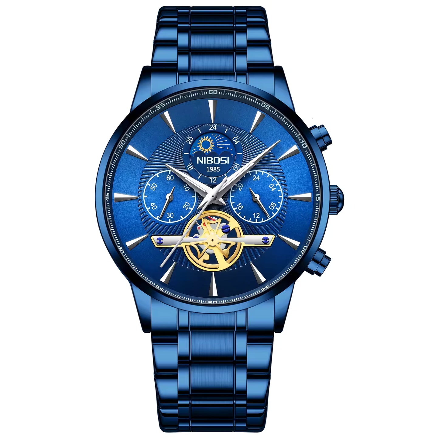Blue wristwatch with detailed face and NIBOSI branding on a white background
