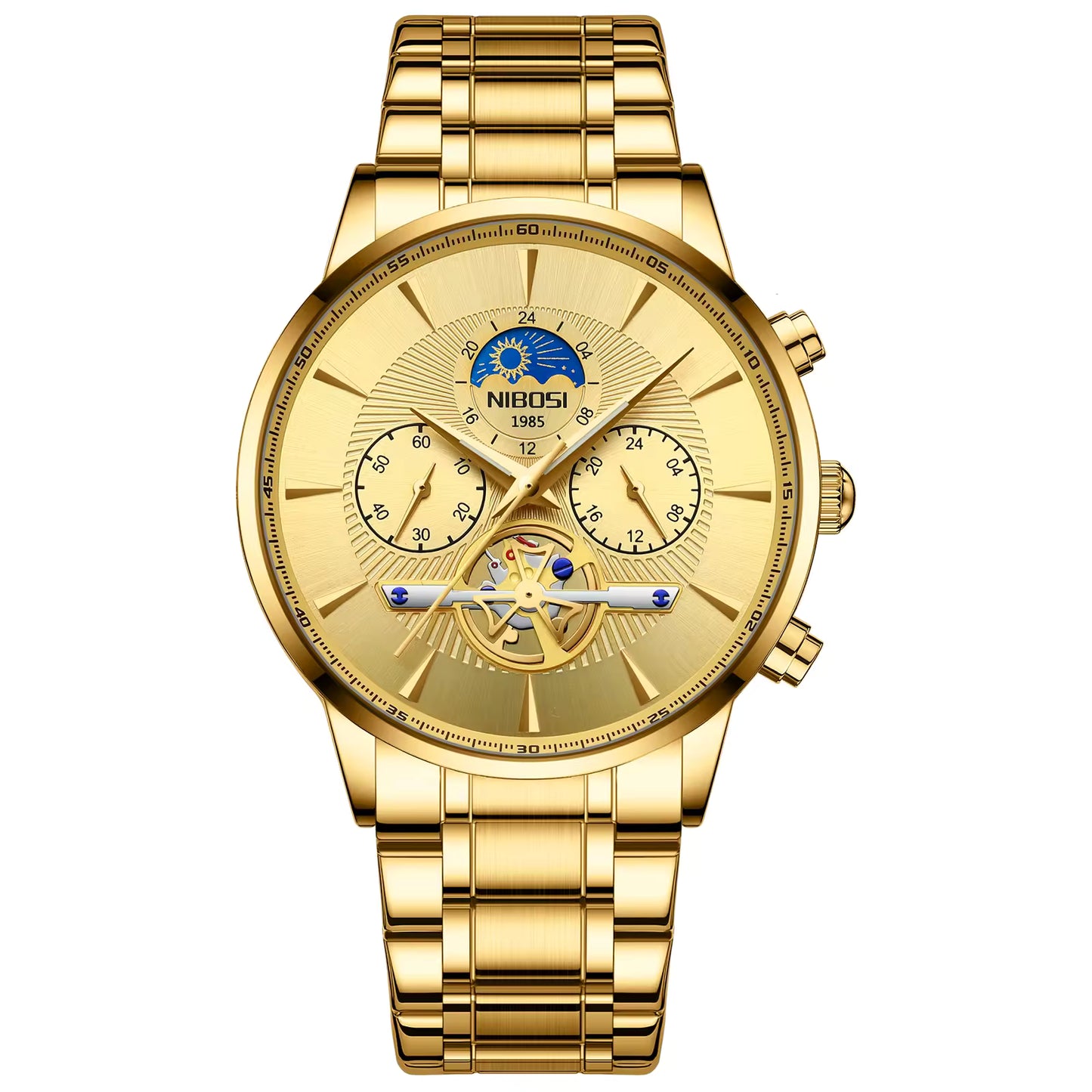 Gold wristwatch with detailed face on a white background